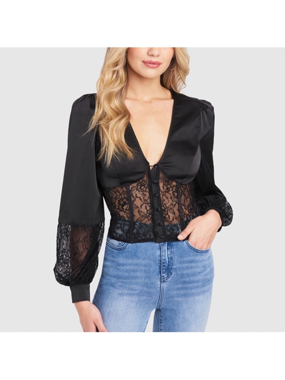 bebe Black Satin & Lace Corset Blouse